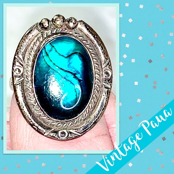 Vintage Native American Paua Sterling Silver Ring (Turquoise Blue/Aqua shell) - Picture 8 of 11